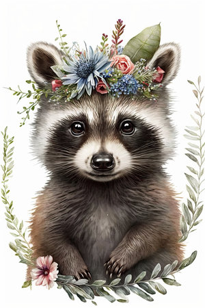 Beautiful watercolor raccoon baby portrait, great design with flowers crown. Cute wildlife animal cartoon drawing Poster design raccoon Isolated white background. Beauty animal printの素材