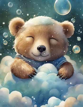 Firefly Watercolor baby Bear sleeping on a white cloud, soap bubbles background. Cute funny character. Animal art. Watercolor illustration.の写真素材