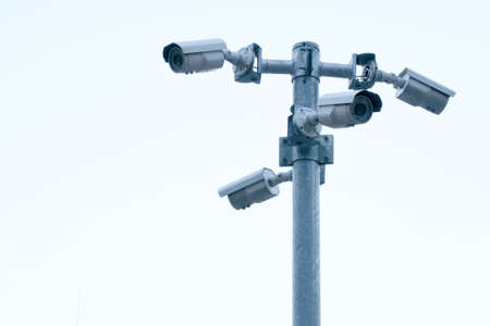 a multi unit of cctv on the one pillar for monitor all around of view and degree. cctv on white background.の写真素材
