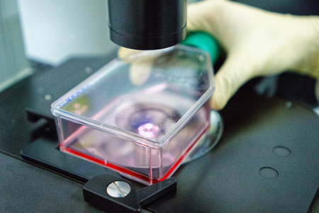 The researcher is using microscope with cells culture to do the lab test in the research of drugs or...
