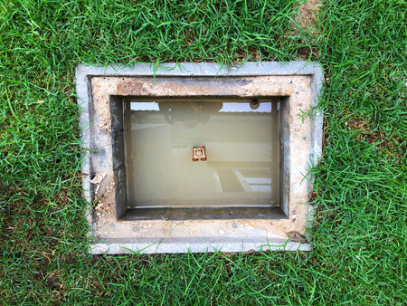 A hole of drainage system or water drain around the house.