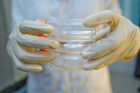 A woman researcher hold cell culture flask for monolayers cells in the culture medium to do the lab...