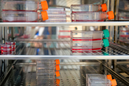 Cell culture flask in the incubator cabinet. Cell culture refers to the removal of cells from an...