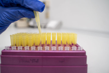 The Pipette tips in the laboratory. The Researcher using this equipment to do the research of drugs...