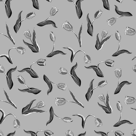 Vector monochrome floral seamless pattern whit tulip. Flowers on a gray backgroundのイラスト素材