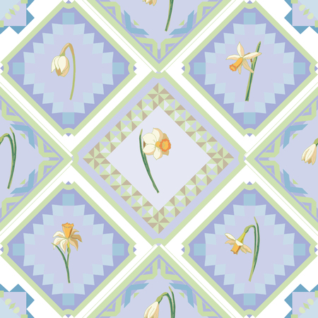 Checkered seamless pattern of gentle pastel shades with narcissus flowers. Elegant background for your design in soft colors with floral elements.のイラスト素材