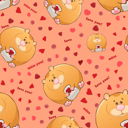 Vector seamless pattern with cute cartoon fat hamsters. Funny animals. Thick amusing beasts. Texture on pink background. Template for comic decor, fabric design, packaging or clothingのイラスト素材
