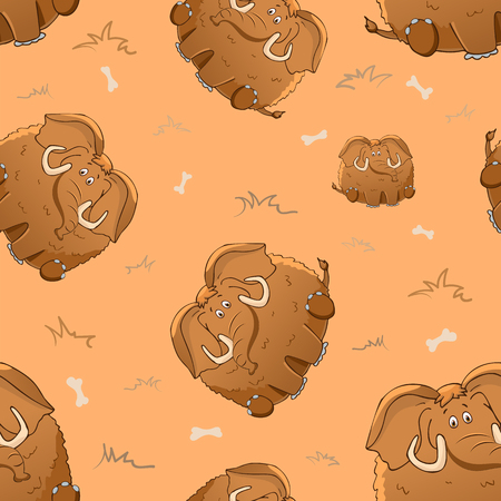 Vector seamless pattern with cute cartoon fat mammoth and bones. Funny animals. Thick amusing beasts. Texture on beige background. Template for comic decor, fabric design, packaging or clothingのイラスト素材
