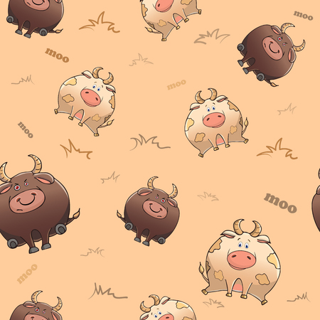 Vector seamless pattern with funny cartoon animal. Cute fat cow and severe bull. Thick amusing beasts. Texture on beige background. Template for comic decor, fabric design, packaging or clothingのイラスト素材