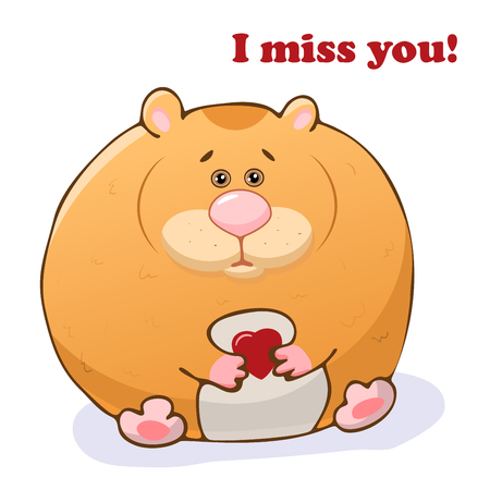 Vector funny animal. Cute hamster with a heart in his hands. Postcard with the phrase: I miss you. Cute little animal. Isolated object on white background.のイラスト素材