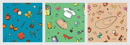Set of vector seamless patterns with girls stuff. Fashion illustration with women's clothing, jewelry, cosmetics, gifts and romance. Actual vector drawing of cute things. Interests of a young girl.のイラスト素材