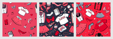 Set of vector seamless patterns with girls stuff. Fashion illustration with women's clothing, jewelry, cosmetics, gifts and romance. Actual vector drawing of cute things. Interests of a young girl.のイラスト素材