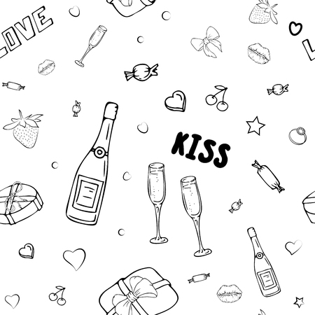 Vector seamless patterns with girls stuff. Fashion illustration with women's clothing, jewelry, cosmetics, gifts and romance. Actual vector drawing of cute things. Interests of a young girl.のイラスト素材