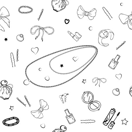 Vector seamless patterns with girls stuff. Fashion illustration with women's clothing, jewelry, cosmetics, gifts and romance. Actual vector drawing of cute things. Interests of a young girl.のイラスト素材