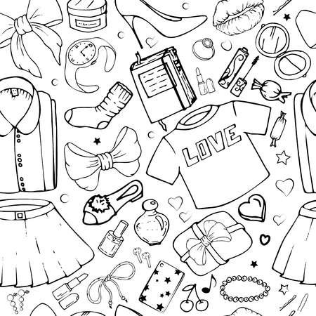 Vector seamless patterns with girls stuff. Fashion illustration with women's clothing, jewelry, cosmetics, gifts and romance. Actual vector drawing of cute things. Interests of a young girl.のイラスト素材