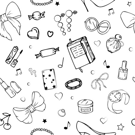 Vector seamless patterns with girls stuff. Fashion illustration with women's clothing, jewelry, cosmetics, gifts and romance. Actual vector drawing of cute things. Interests of a young girl.のイラスト素材