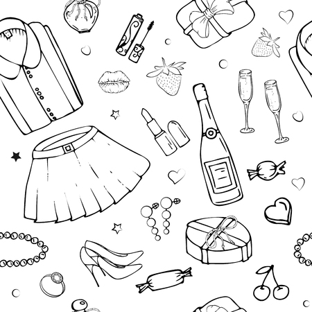 Vector seamless patterns with girls stuff. Fashion illustration with women's clothing, jewelry, cosmetics, gifts and romance. Actual vector drawing of cute things. Interests of a young girl.のイラスト素材