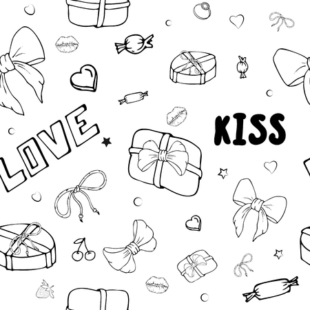 Vector seamless patterns with girls stuff. Fashion illustration with women's clothing, jewelry, cosmetics, gifts and romance. Actual vector drawing of cute things. Interests of a young girl.のイラスト素材