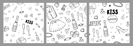 Set of vector seamless patterns with girls stuff. Fashion illustration with women's clothing, jewelry, cosmetics, gifts and romance. Actual vector drawing of cute things. Interests of a young girl.のイラスト素材