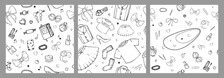 Set of vector seamless patterns with girls stuff. Fashion illustration with women's clothing, jewelry, cosmetics, gifts and romance. Actual vector drawing of cute things. Interests of a young girl.のイラスト素材
