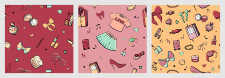 Set of vector seamless patterns with girls stuff. Fashion illustration with women's clothing, jewelry, cosmetics, gifts and romance. Actual vector drawing of cute things. Interests of a young girl.のイラスト素材