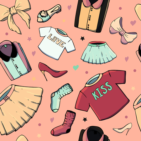 Vector seamless patterns with girls stuff. Fashion illustration with women's clothing, jewelry, cosmetics, gifts and romance. Actual vector drawing of cute things. Interests of a young girl.のイラスト素材