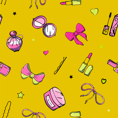 Vector seamless patterns with girls stuff. Fashion illustration with women's clothing, jewelry, cosmetics, gifts and romance. Actual vector drawing of cute things. Interests of a young girl.のイラスト素材