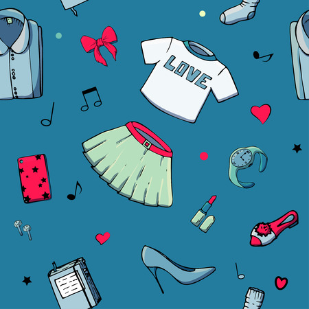 Vector seamless patterns with girls stuff. Fashion illustration with women's clothing, jewelry, cosmetics, gifts and romance. Actual vector drawing of cute things. Interests of a young girl.のイラスト素材