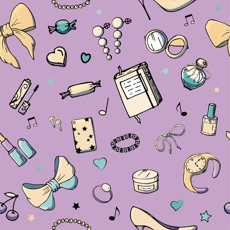Vector seamless patterns with girls stuff. Fashion illustration with women's clothing, jewelry, cosmetics, gifts and romance. Actual vector drawing of cute things. Interests of a young girl.のイラスト素材