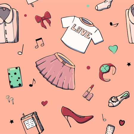 Vector seamless patterns with girls stuff. Fashion illustration with women's clothing, jewelry, cosmetics, gifts and romance. Actual vector drawing of cute things. Interests of a young girl.のイラスト素材