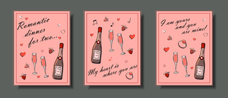 Set of hand drawn templates fashion cards with girls things, romantic objects and phrases. Postcards with women's clothing, jewelry, cosmetics and gifts. Actual vector drawing of lovely things.のイラスト素材
