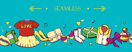 Vector seamless horizontal border with girls stuff. Fashion patterns with women's clothing, jewelry, cosmetics, gifts and romance. Actual vector drawing of cute things. Interests of a young girl.のイラスト素材