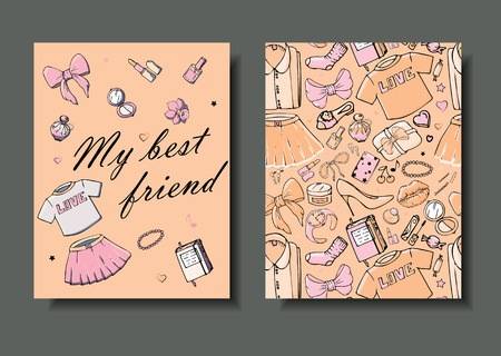 Set of hand drawn templates fashion cards with girls things, romantic objects and phrases. Postcards with women's clothing, jewelry, cosmetics and gifts. Actual vector drawing of lovely things.のイラスト素材