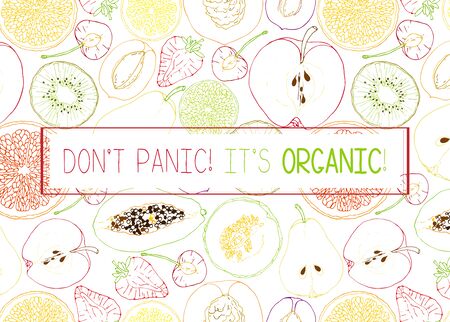 Cards or banners with colorful images of natural fruit slices and text message. Hand drawn sketch elements. Vector illustration for posterのイラスト素材