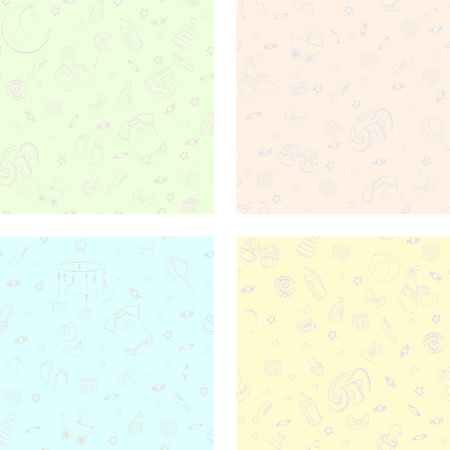 Set of seamless pattern with baby care items: feeding, clothing, toys, health care stuff, safety, furniture, accessories. Thin line icons of baby items. Vector hand drawn Illustrationのイラスト素材