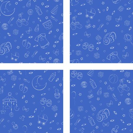 Set of seamless pattern with baby care items: feeding, clothing, toys, health care stuff, safety, furniture, accessories. Thin line icons of baby items. Vector hand drawn Illustrationのイラスト素材