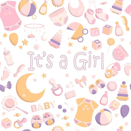 Baby shower invitation. Vector illustration for poster, cards or greeting. Hand drawn sketch in a simple cute cartoon style and pastel colors. Baby, kid, newborn designのイラスト素材