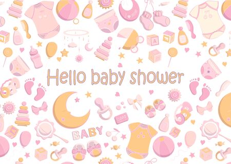 Baby shower invitation. Vector illustration for poster, cards or greeting. Hand drawn sketch in a simple cute cartoon style and pastel colors. Baby, kid, newborn designのイラスト素材