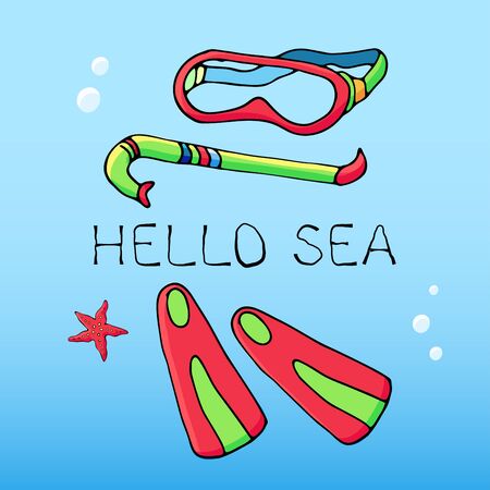 Vector card or banner with colorful funny doodle accessories for diving and text message. Hand drawn sketch elements. Vector illustration for poster.のイラスト素材