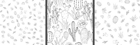 Vector seamless pattern with cacti. Linear monochrome hand-drawn illustration in cartoon style.のイラスト素材