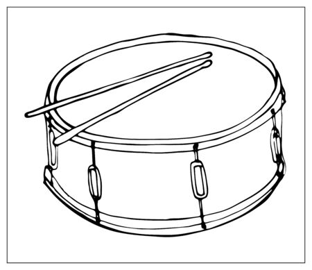 Vector greeting card with drum. Cartoon monochrome isolated objects on a white background. Linear hand drawn illustration.のイラスト素材