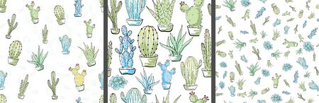 Vector seamless pattern with cacti. Multicolored hand drawn illustration in cartoon style.の写真素材