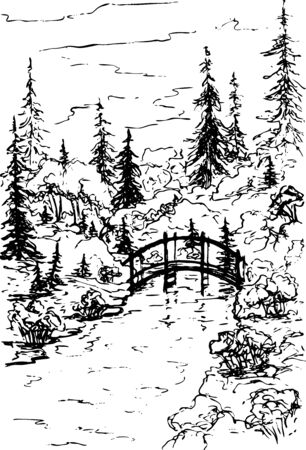 Vector forest landscape with a wooden bridge over a stream, trees and fir trees. Forest river in the wilderness. Black silhouettes isolated on white background. Sketch design, contour drawing style.のイラスト素材