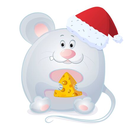 Vector funny mouse in a simple cartoon style with a santa hat on his head. Festive character for Christmas background design, packaging or greeting card. Vector stock illustration. Isolate on whiteのイラスト素材