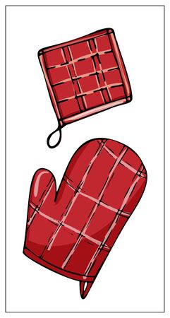 Vector potholder. Hand drawn illustration with Kitchen Utensils isolated on a white background. Template for graphic design of packaging, backgrounds, banners or menu. Vector stock illustrationのイラスト素材