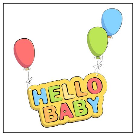Hello baby hand drawn vector card. Baby shower, arrival vector postcard with lettering. Welcome newborn party invitation card. Birthday cake doodle drawing.のイラスト素材