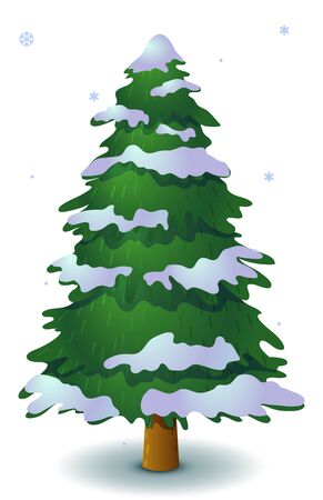 Vector green snowy coniferous tree. Game UI flat. Stylized spruce for logo design, decorating clothes, build 2D games or postcards. Isolated stock illustration on white background.のイラスト素材