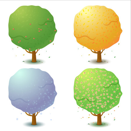 Set of four stylized trees in different seasons of the year. Game UI flat. Template for logo design, decorating clothes, build 2D games or postcards. Isolated stock illustration on white background.のイラスト素材