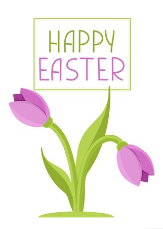 Happy Easter greeting card with stylized snowdrop flower. Vector illustration in simple flat style. Colored stock illustrationのイラスト素材