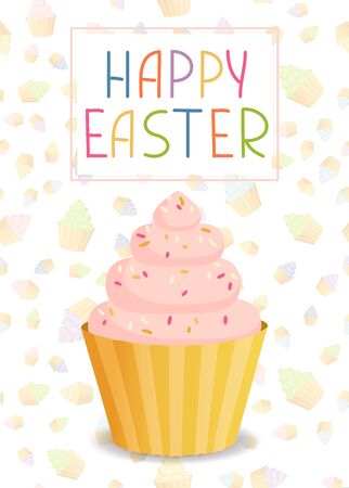 Happy Easter greeting card with Easter Muffin. Cupcake with cream and colorful sprinkles.のイラスト素材